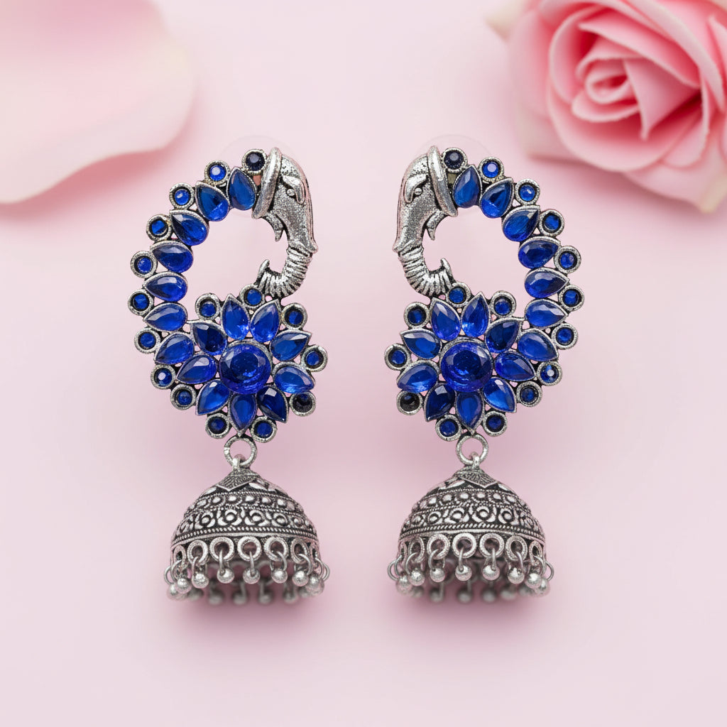 Tusks and twinkle stone studded jhumka earrings (Blue)