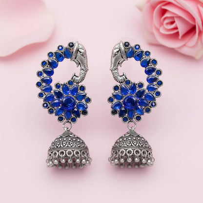 Tusks and twinkle stone studded jhumka earrings (Blue)