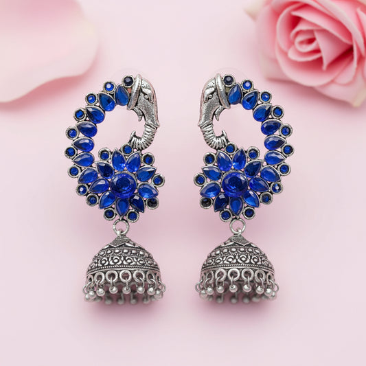 Tusks and twinkle stone studded jhumka earrings (Blue)