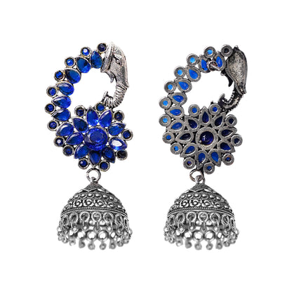 Tusks and twinkle stone studded jhumka earrings (Blue)