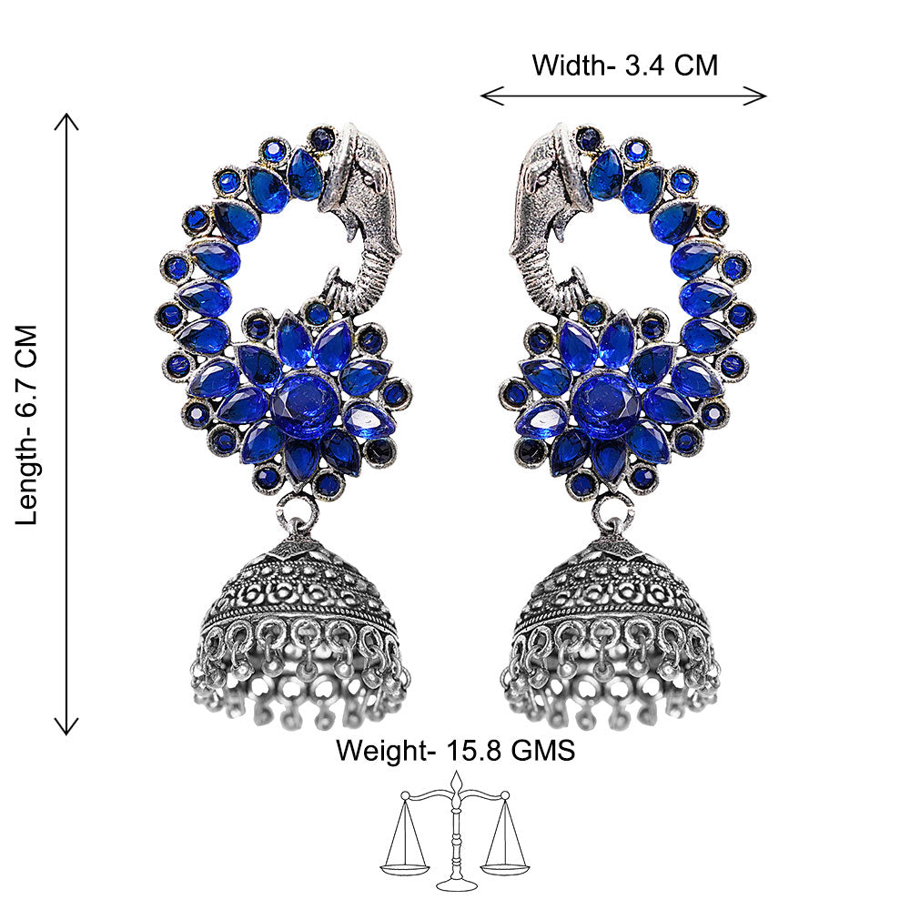 Tusks and twinkle stone studded jhumka earrings (Blue)