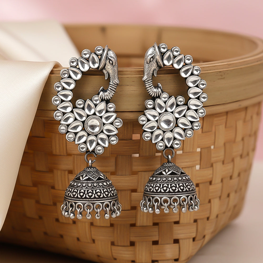Tusks and twinkle stone studded jhumka earrings (White)