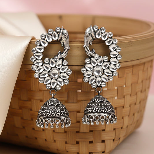 Tusks and twinkle stone studded jhumka earrings (White)