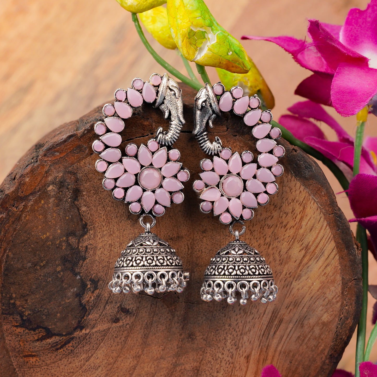 Tusks and twinkle stone studded jhumka earrings (Baby Pink)