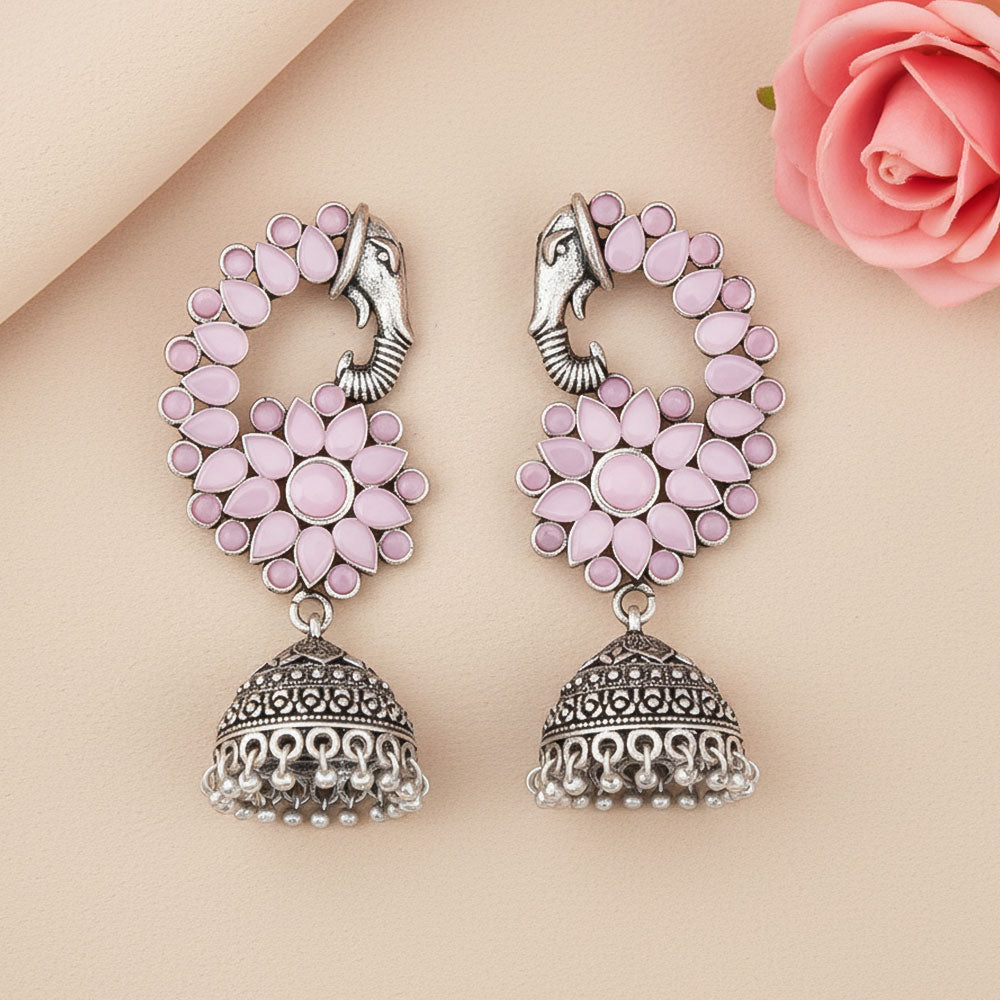 Tusks and twinkle stone studded jhumka earrings (Baby Pink)