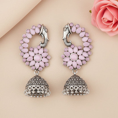 Tusks and twinkle stone studded jhumka earrings (Baby Pink)