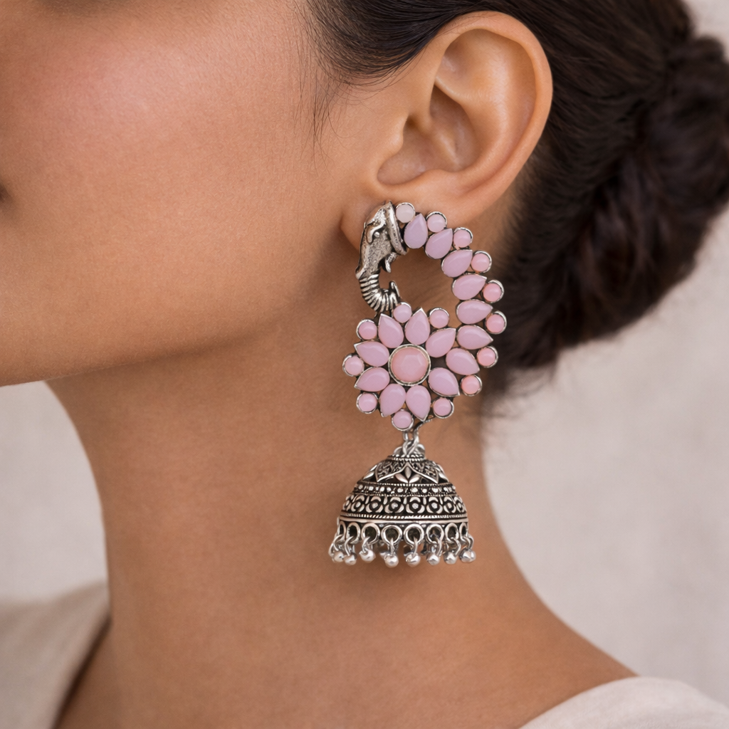 Tusks and twinkle stone studded jhumka earrings (Baby Pink)
