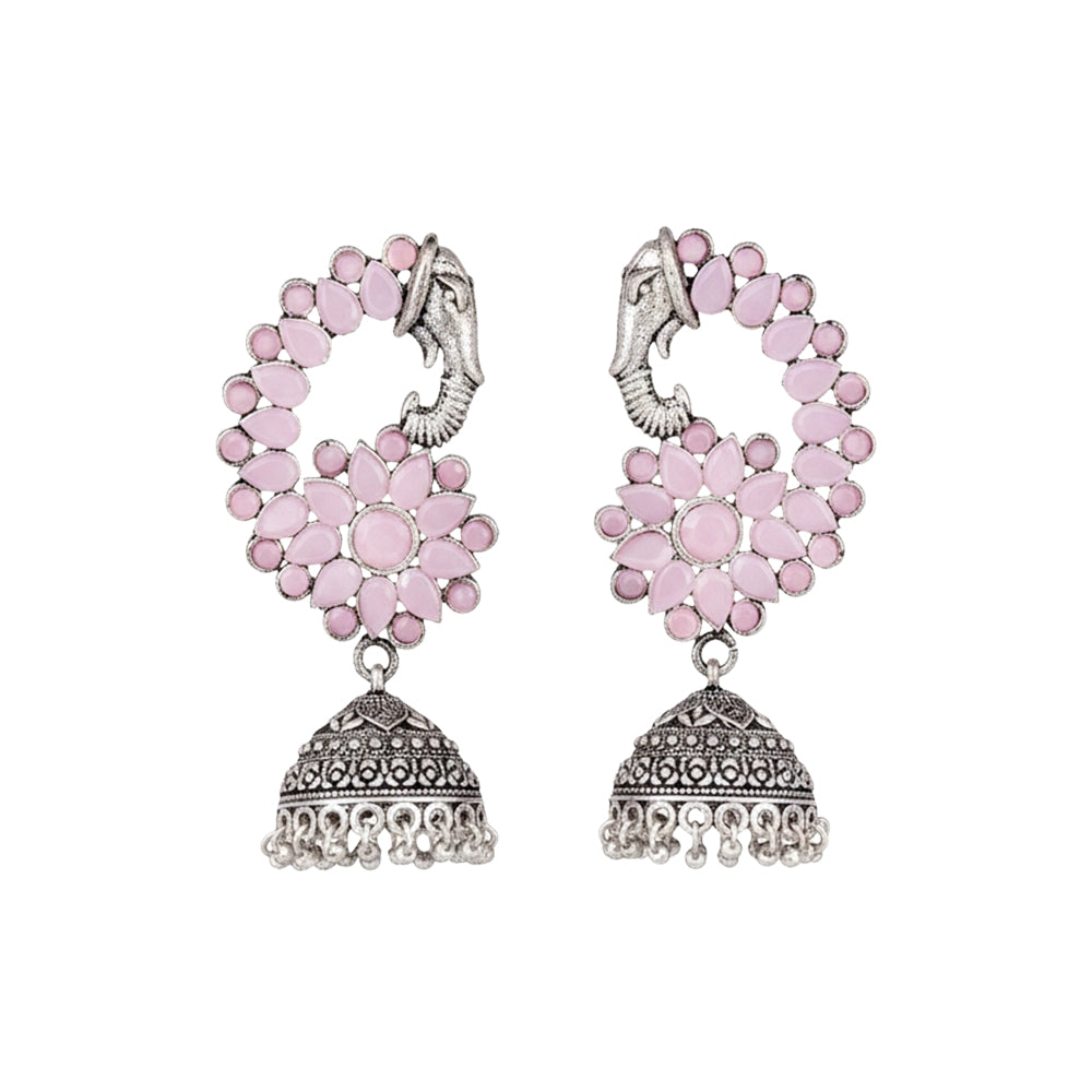 Tusks and twinkle stone studded jhumka earrings (Baby Pink)