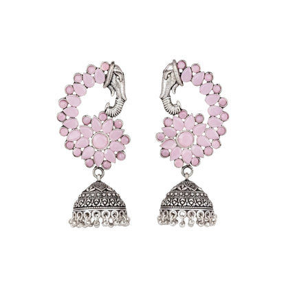 Tusks and twinkle stone studded jhumka earrings (Baby Pink)