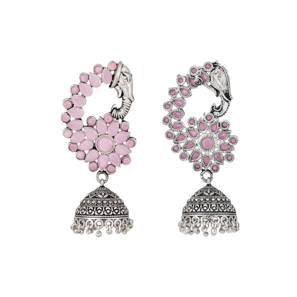 Tusks and twinkle stone studded jhumka earrings (Baby Pink)