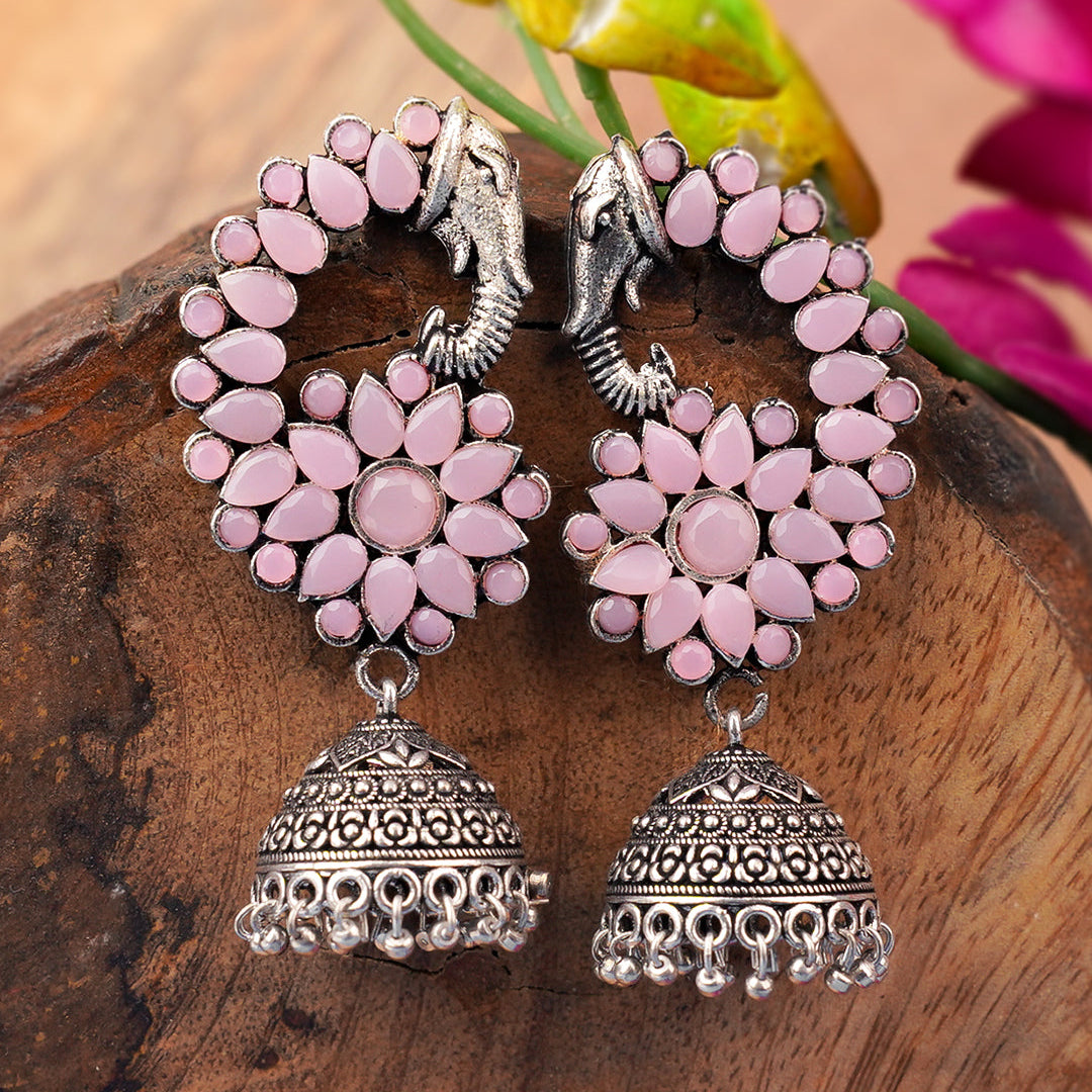 Tusks and twinkle stone studded jhumka earrings (Baby Pink)