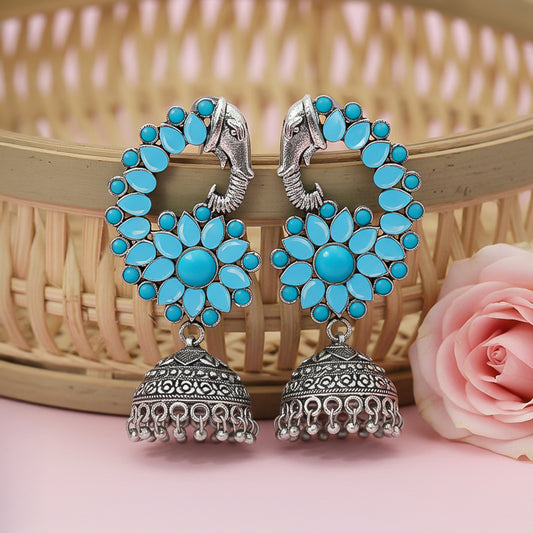 Tusks and twinkle stone studded jhumka earrings (Sky Blue)