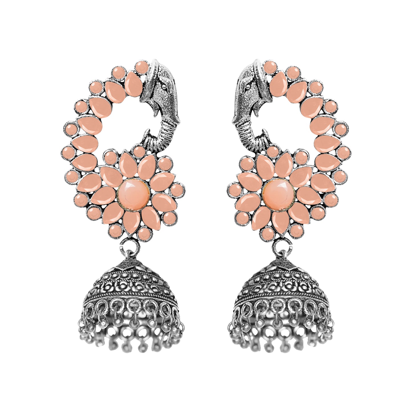 Tusks and twinkle stone studded jhumka earrings (Light Orange)