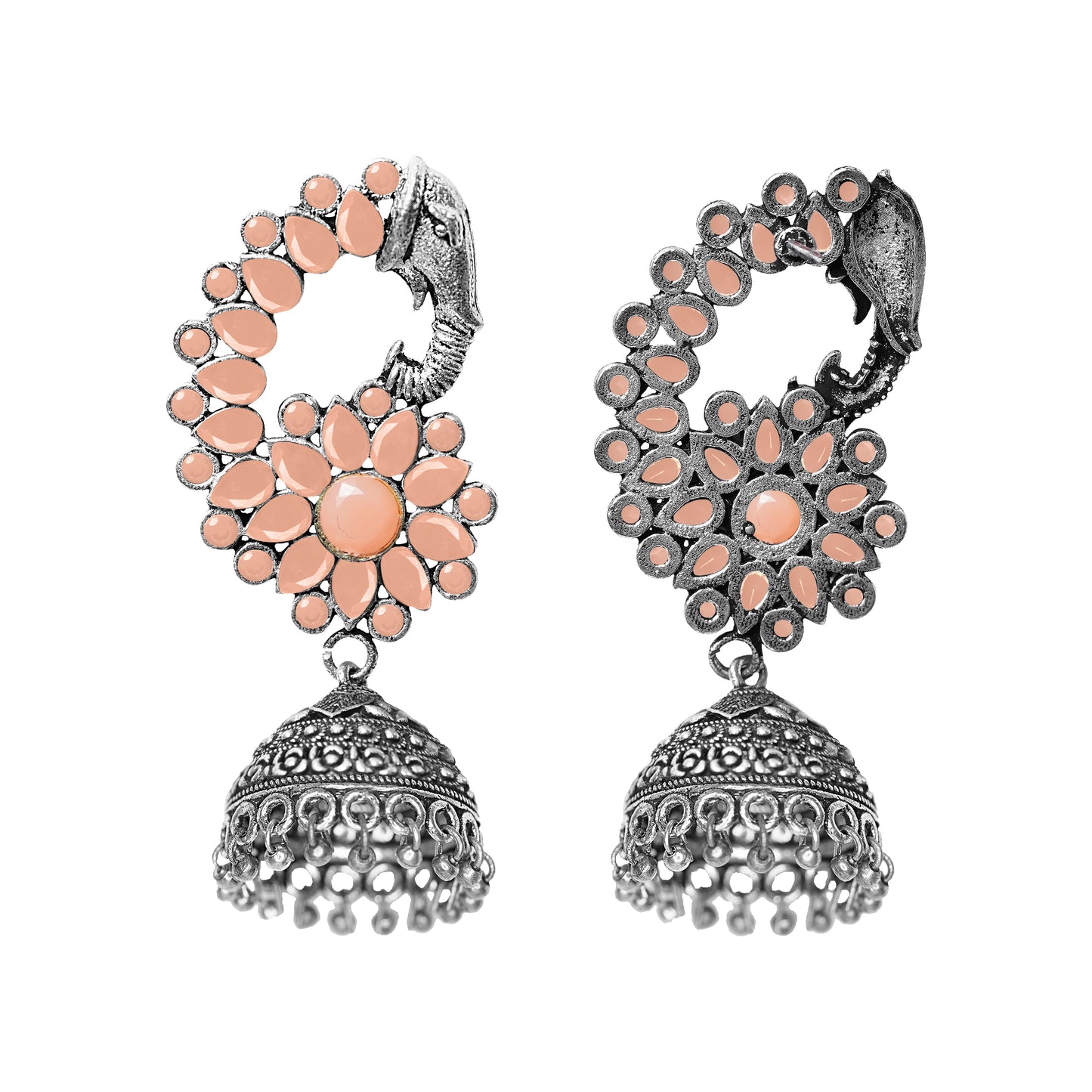 Tusks and twinkle stone studded jhumka earrings (Light Orange)