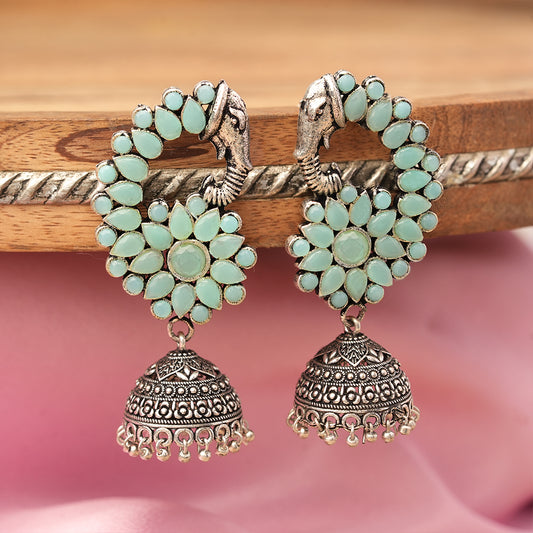 Tusks and twinkle stone studded jhumka earrings (Mint)