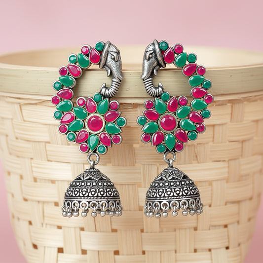 Tusks and twinkle stone studded jhumka earrings (Multicolored)