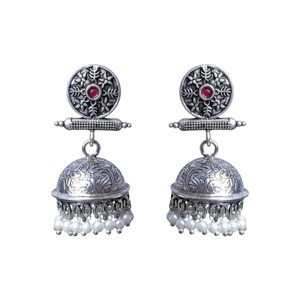 Charmbell earrings (Red) Meena Manjari stone stud earrings (Silver) Combo set