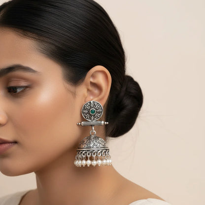 Charmbell earrings (Green) Dazzle Dash Jhumki earring (Black) Combo set