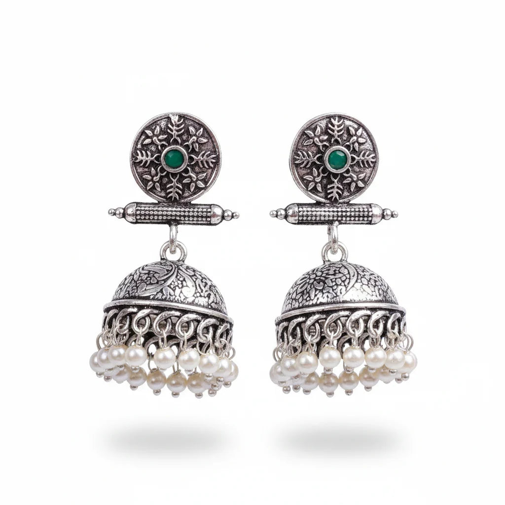 Charmbell earrings (Green) Meena Manjari stone stud earrings (Silver) Combo set