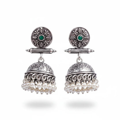 Charmbell earrings (Green) Meena Manjari stone stud earrings (Silver) Combo set