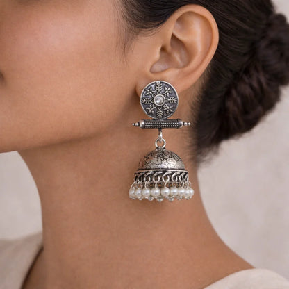 Charmbell earrings (White) Dazzle Dash Jhumki earring (Blue) Combo set