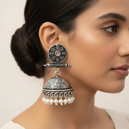 Charmbell earrings (Baby Pink) Dazzle Dash Jhumki earring (Black) Combo set