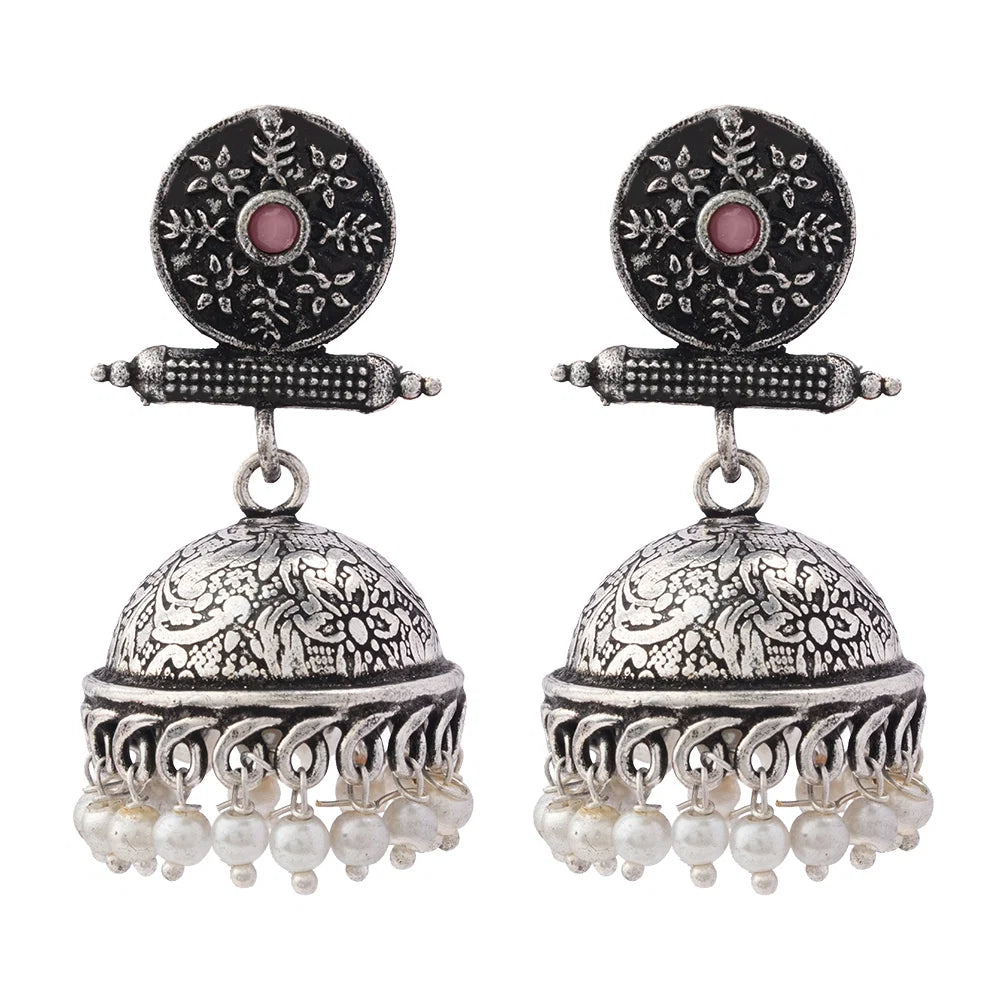 Charmbell earrings (Baby Pink) Meena Manjari stone stud earrings (Silver) Combo set