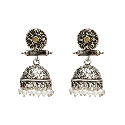 Charmbell earrings (Yellow) Meena Manjari stone stud earrings (Silver) Combo set