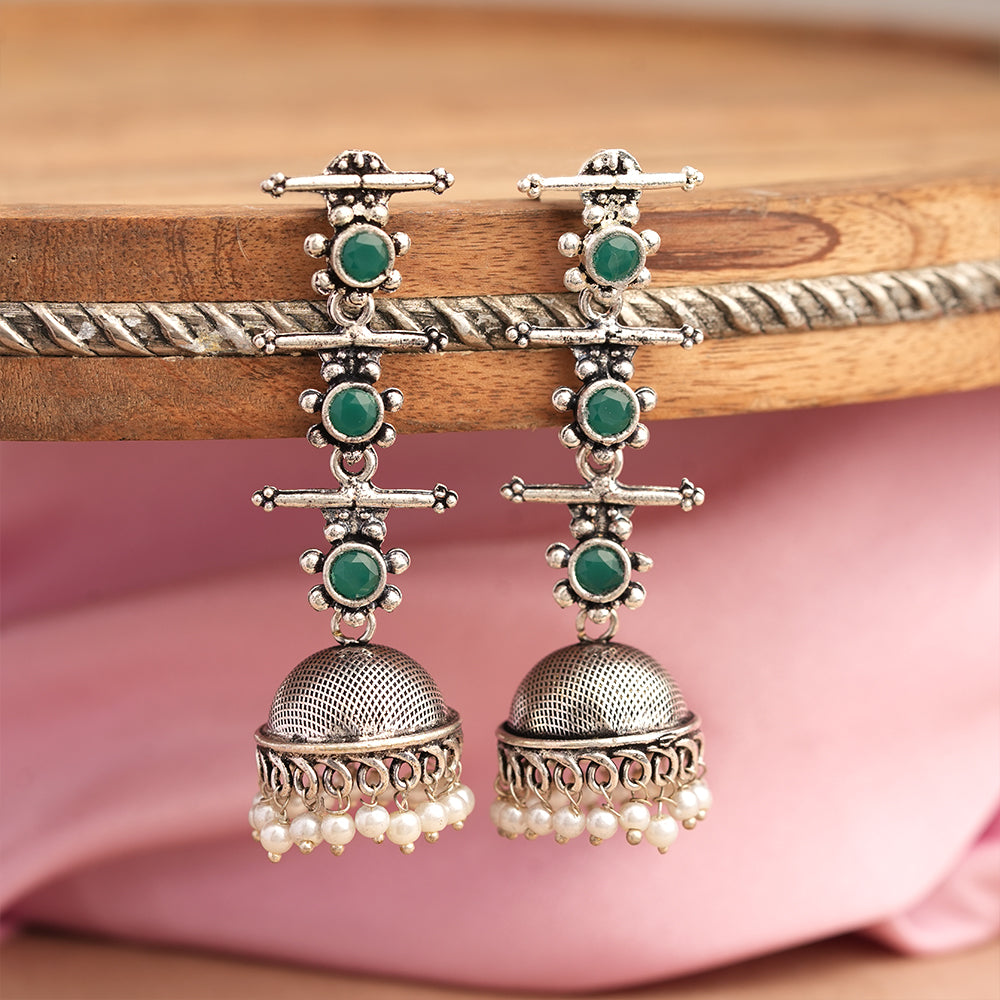 Royal Triple Bell Layered Jhumka Earring (Green)