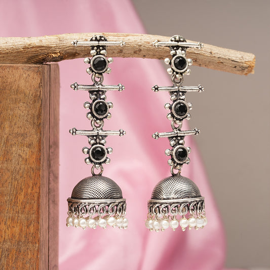 Royal Triple Bell Layered Jhumka Earring (Black)