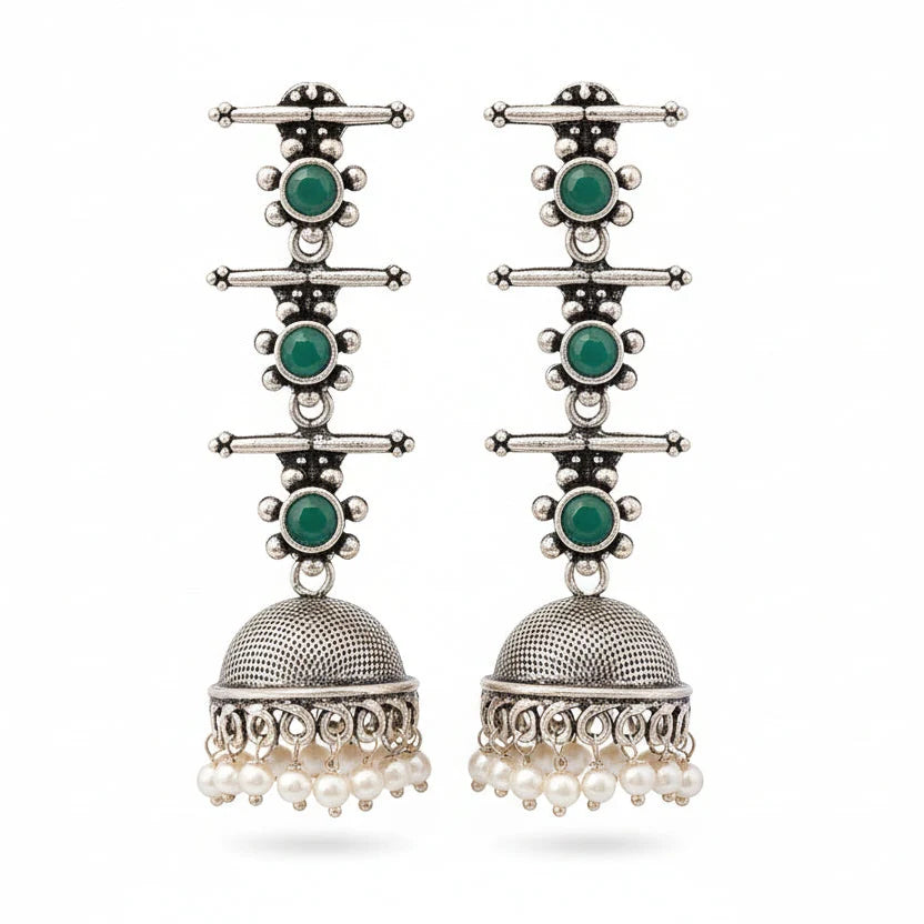 Royal Triple Bell Layered Earring (Green) Meena Manjari stone stud earrings (Silver) Combo set
