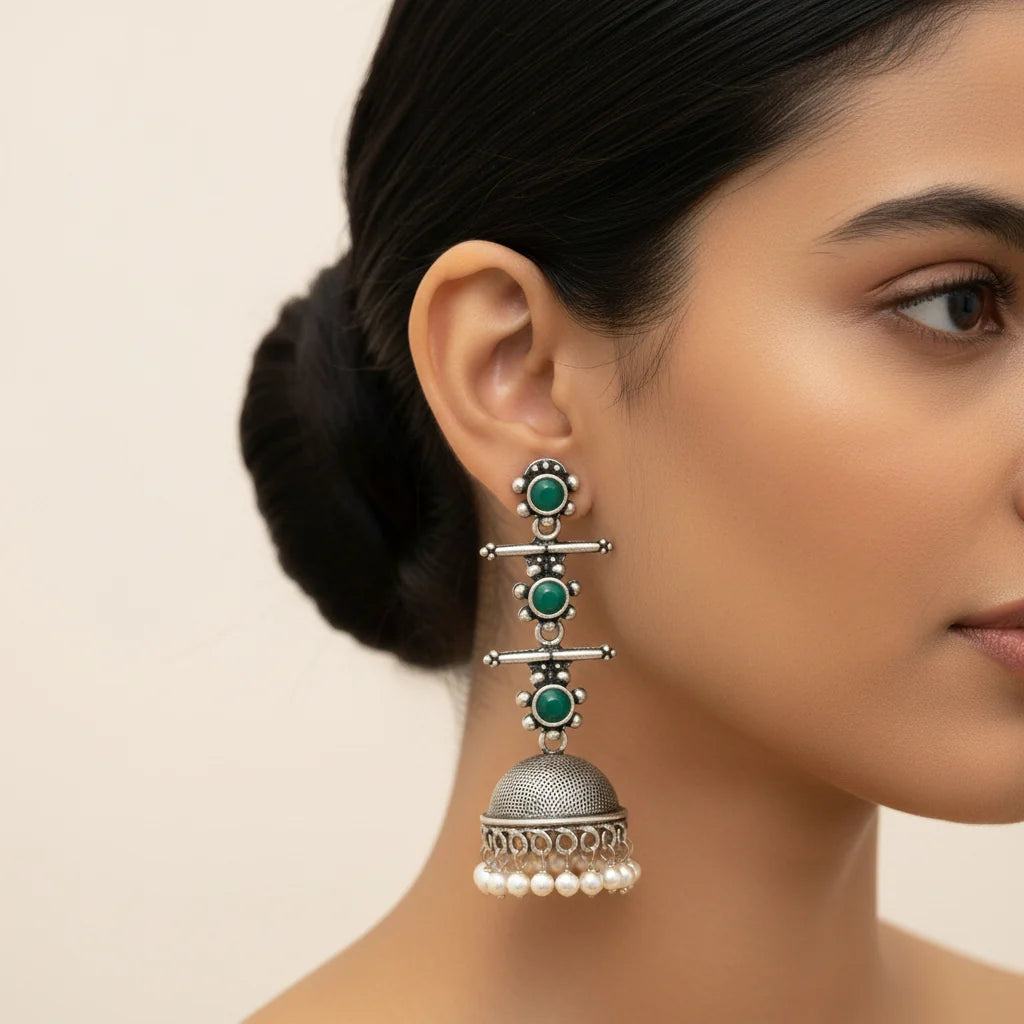 Royal Triple Bell Layered Earring (Green) Dazzle Dash Jhumki earring (Mint) Combo set