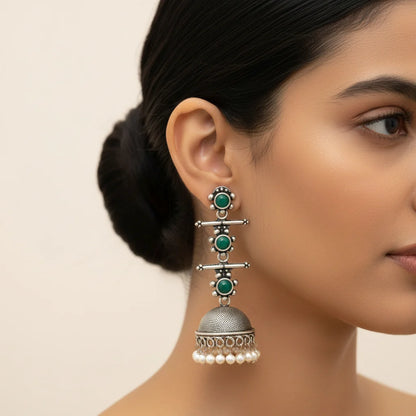 Royal Triple Bell Layered Earring (Green) Dazzle Dash Jhumki earring (Mint) Combo set