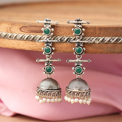 Royal Triple Bell Layered Jhumka Earring (Green)