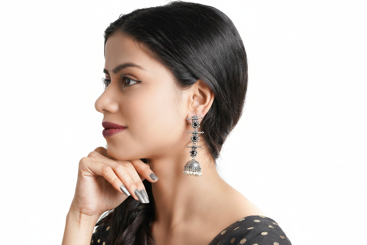 StylishKudi Oxidised Silver Stud & Chandbali Earrings Combo Set for Women&girl