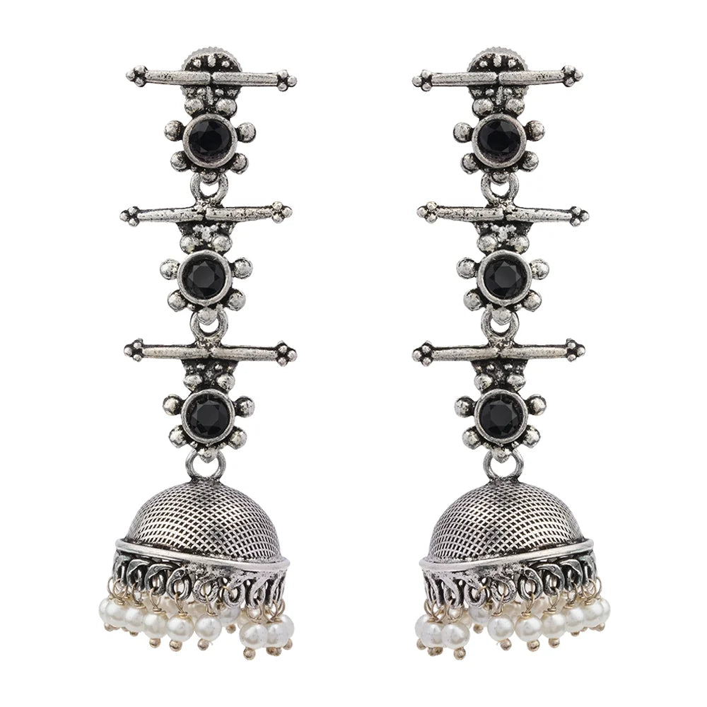 Royal Triple Bell Layered Jhumka Earring (Black) Dazzle Dash Jhumki earring (Blue) Combo set