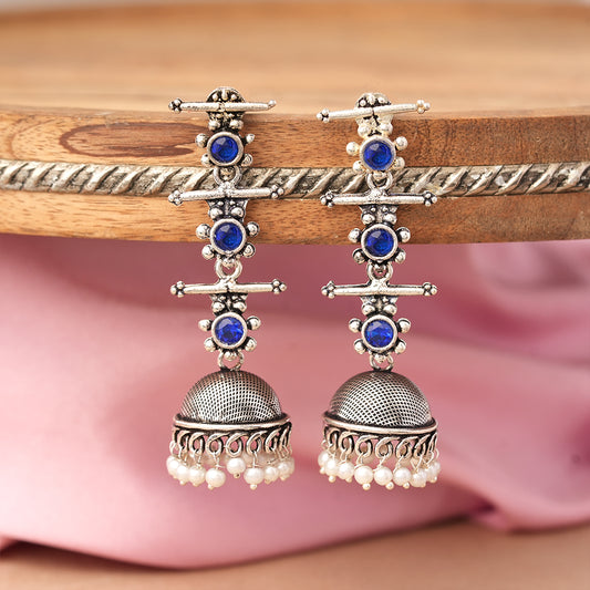 Royal Triple Bell Layered Jhumka Earring (Blue)