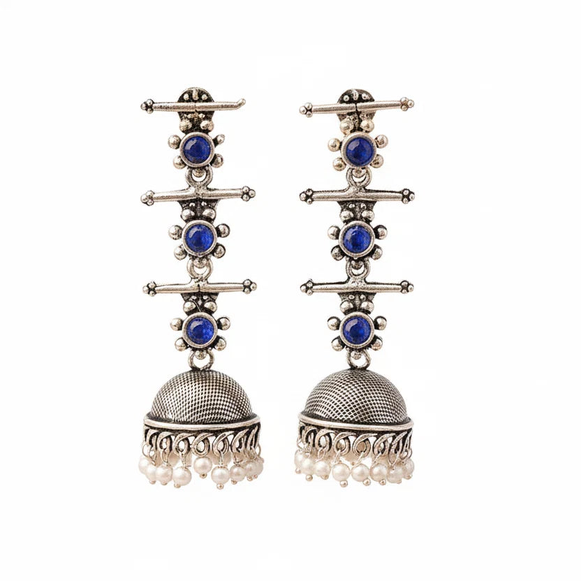 Royal Triple Bell Layered Jhumka Earring (Blue) Meena Manjari stone stud earrings (Silver) Combo set