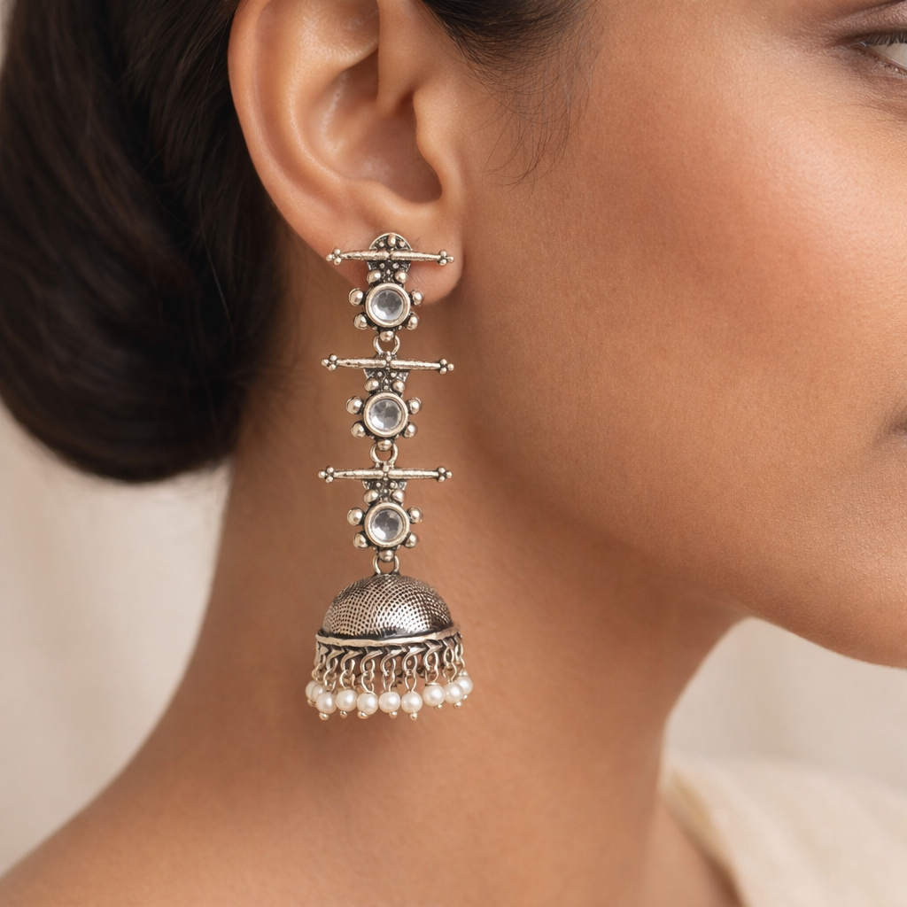 Royal Triple Bell Layered Jhumka Earring (White)