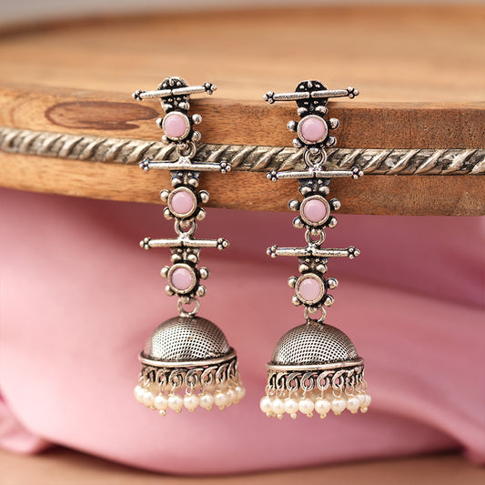 Royal Triple Bell Layered Jhumka Earring (Baby Pink)