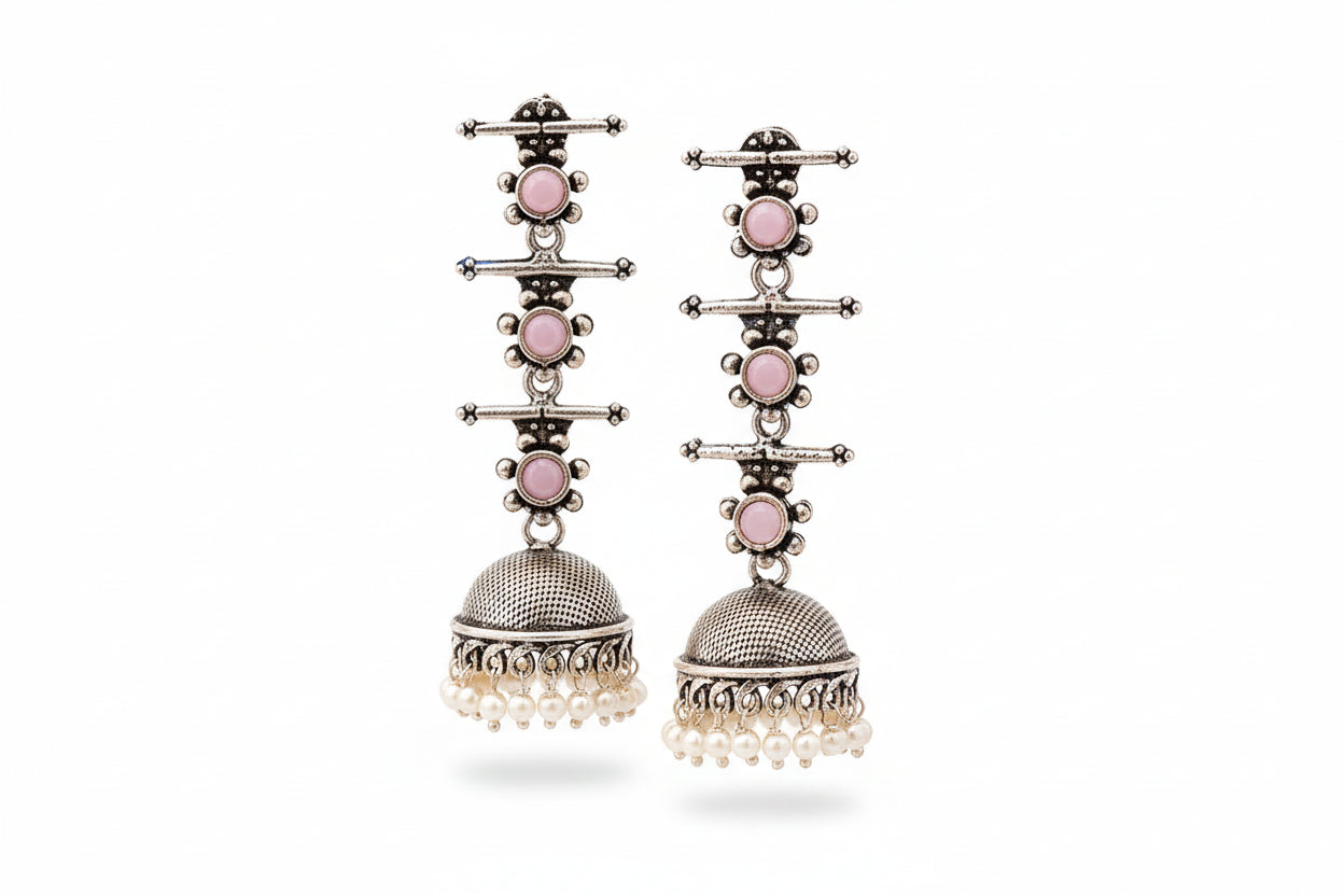 Royal Triple Bell Layered Jhumka Earring (Baby Pink)