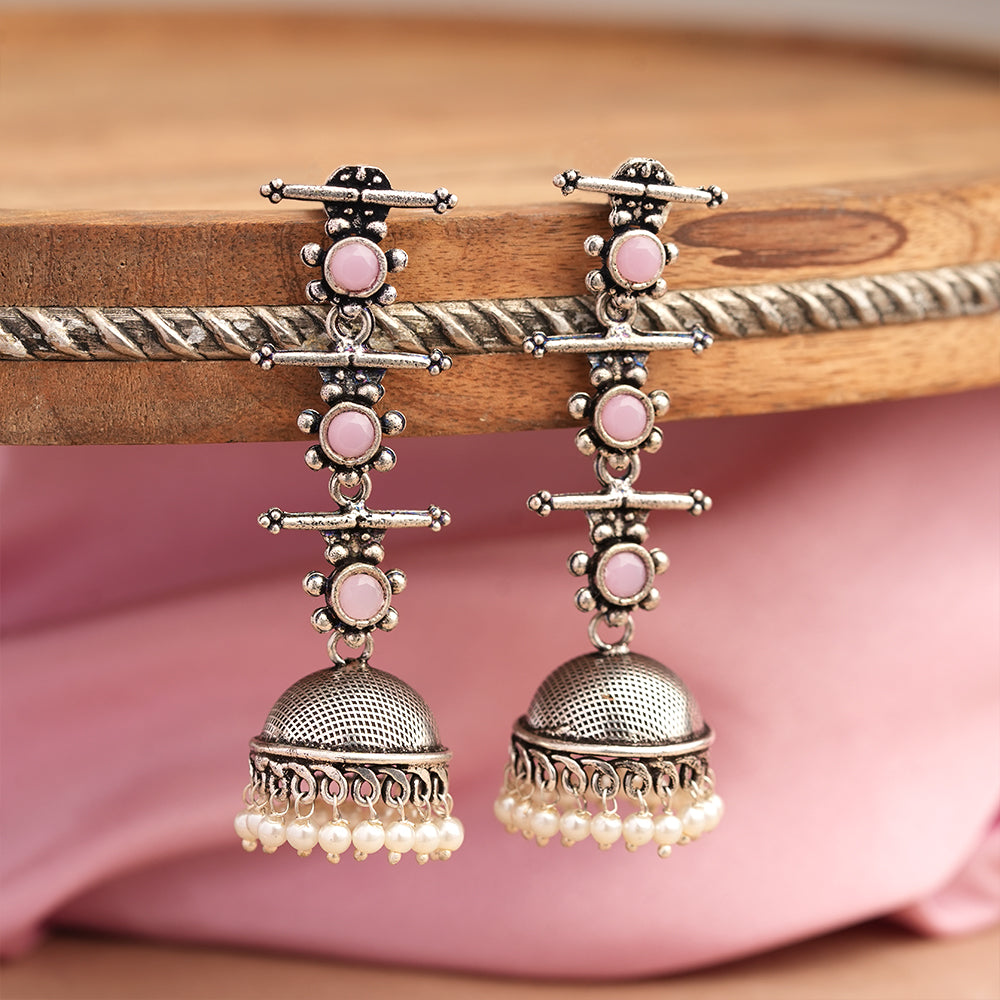 Royal Triple Bell Layered Jhumka Earring (Baby Pink)