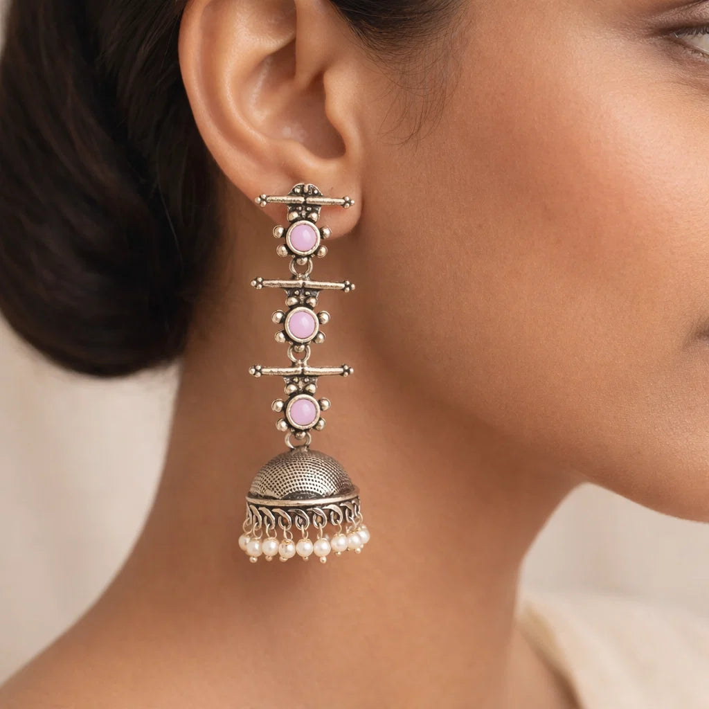 Royal Triple Bell Layered Jhumka Earring (Baby Pink) Meena Manjari stone stud earrings (Silver) Combo set