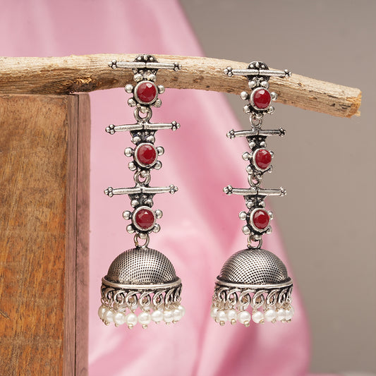 Royal Triple Bell Layered Jhumka Earring (Dark Maroon)
