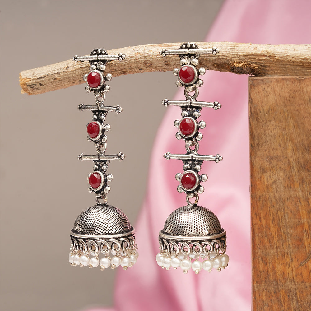 Royal Triple Bell Layered Jhumka Earring (Dark Maroon)