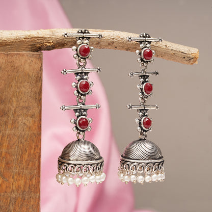 Royal Triple Bell Layered Jhumka Earring (Dark Maroon)