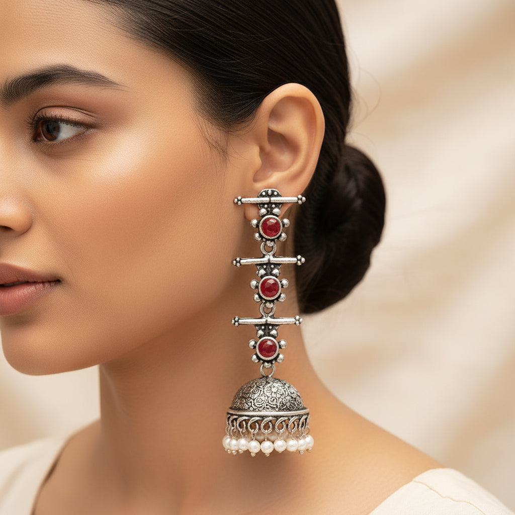 Royal Triple Bell Layered Jhumka Earring (Dark Maroon)