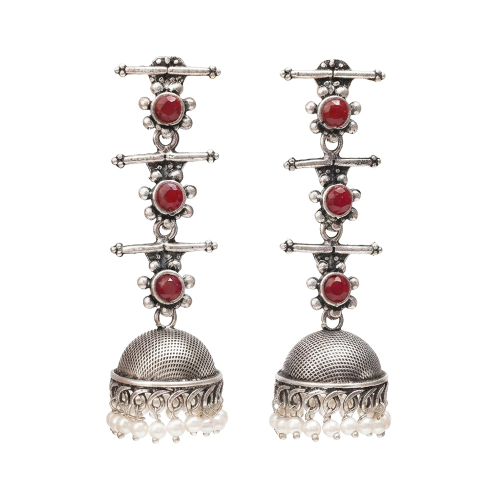 Royal Triple Bell Layered Jhumka Earring (Dark Maroon) Tiny Twinkle jhumki earring (Silver) Combo set