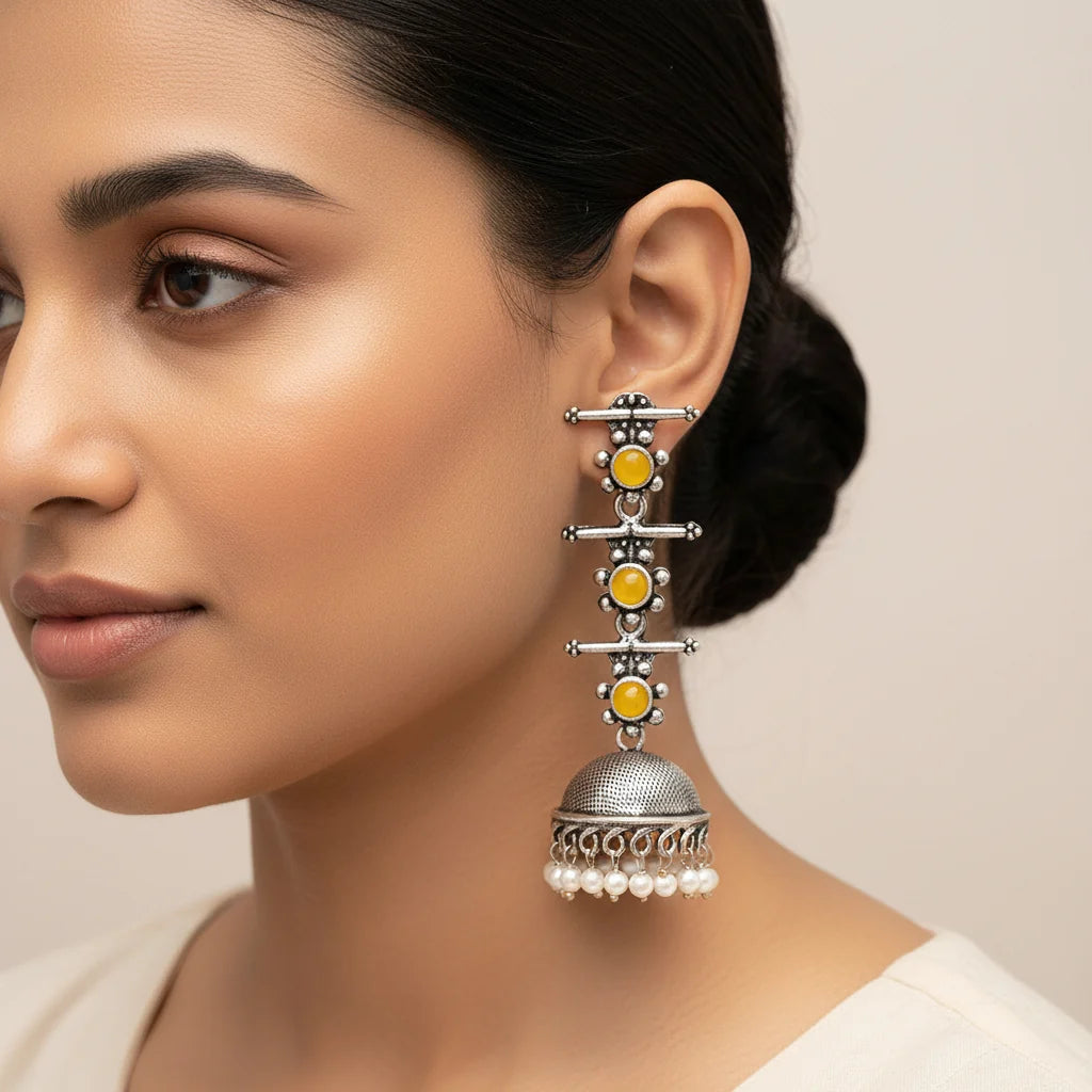 Royal Triple Bell Layered Jhumka Earring (Yellow) Meena Manjari stone stud earrings (Silver) Combo set