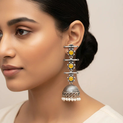 Royal Triple Bell Layered Jhumka Earring (Yellow) Meena Manjari stone stud earrings (Silver) Combo set